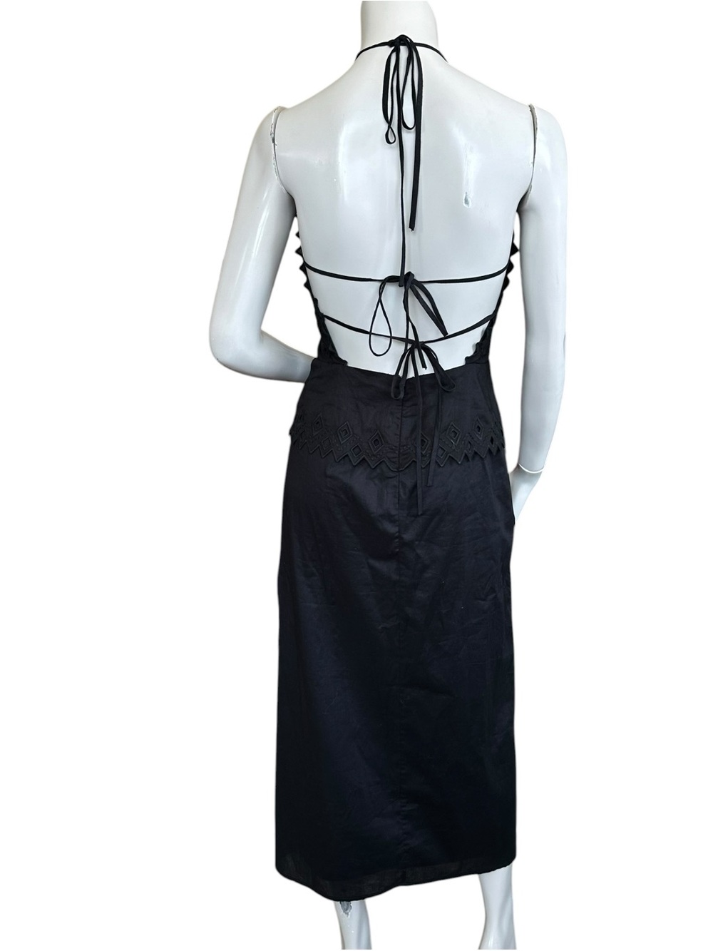 Vix “Tara” Black Plunge Neck Open Strappy Back Side Slit Cotton MIDI Dress Small - Picture 8 of 11